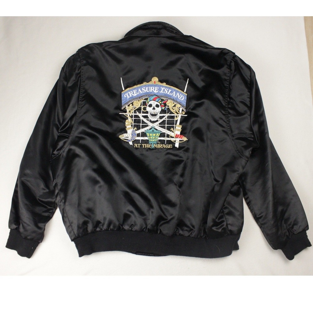 Vintage Treasure Island Las Vegas Satin Bomber Jacket Skull Pirate XXL USA
